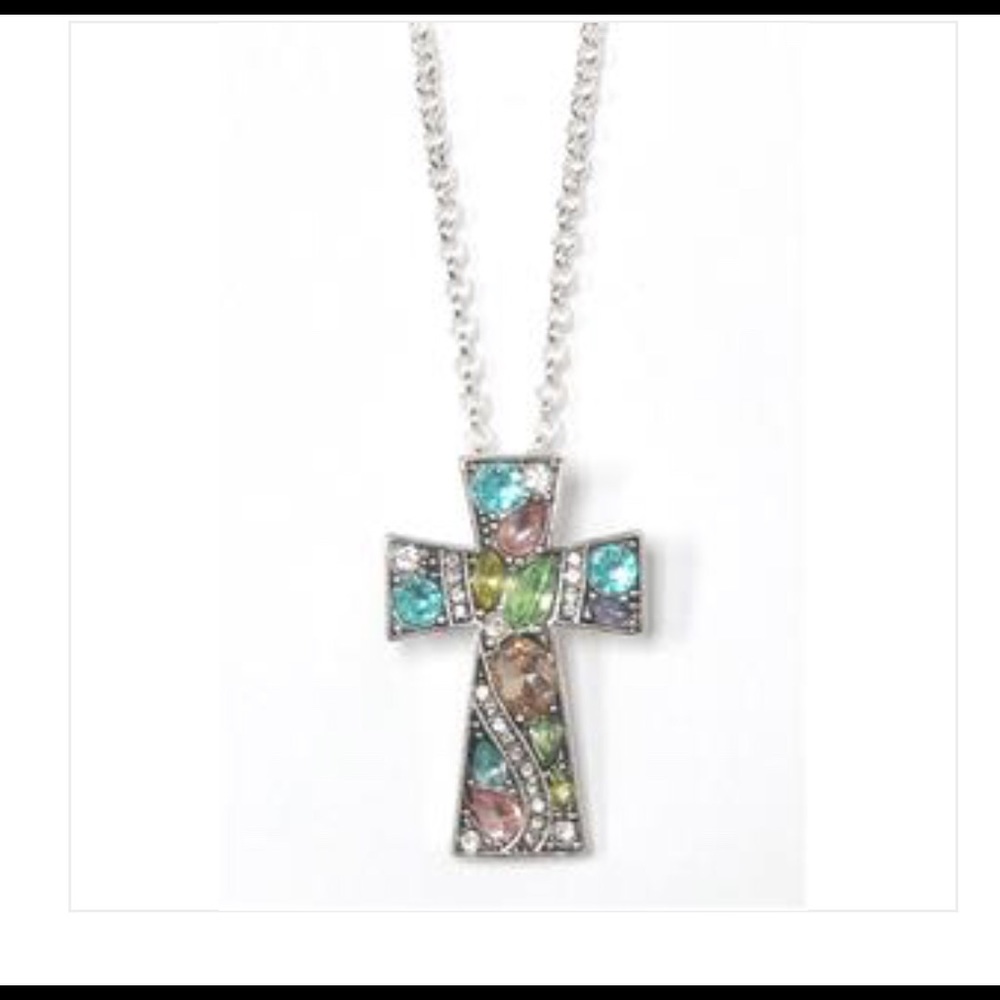 Cross Pendant Necklace pastel crystals Silver